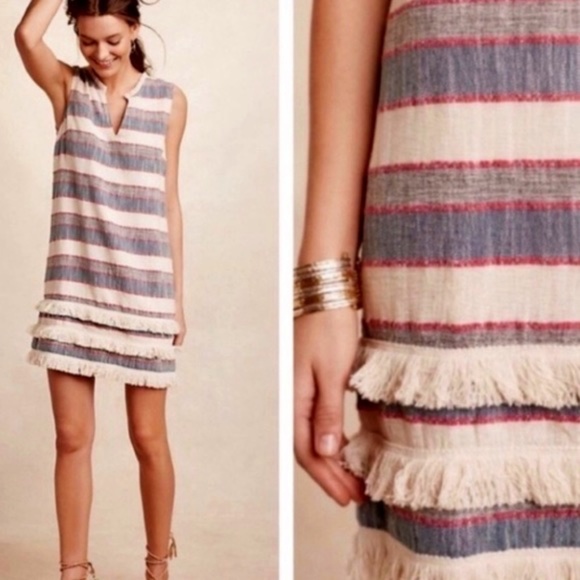 EUC Anthropologie Holding Horses Stripe Fringe Shift Dress Size 4 - Picture 1 of 8